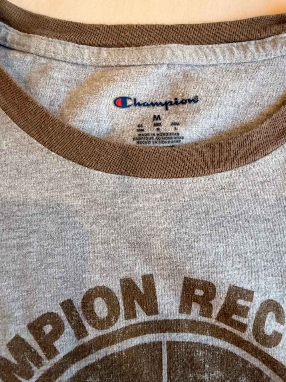 Champion Vintage Rec Club Ringer Tee Gray Brown Trim Graphic Shirt Size M - Picture 2 of 4